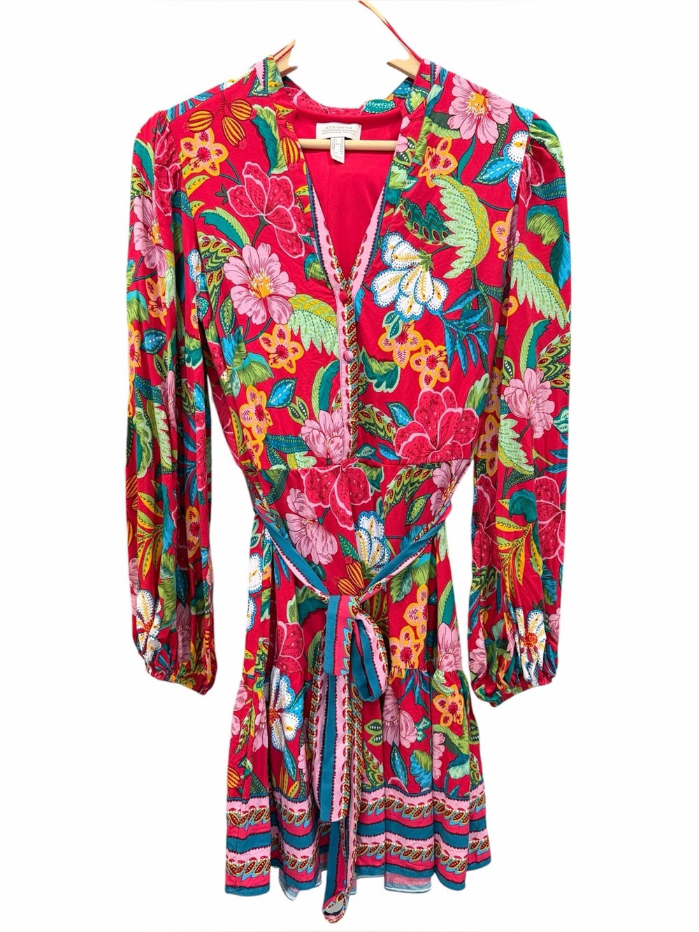 Adrianna Papell Tropical Floral Dress Tie Waist V Neck Long Sleeve Mini Red 8 - Picture 4 of 14